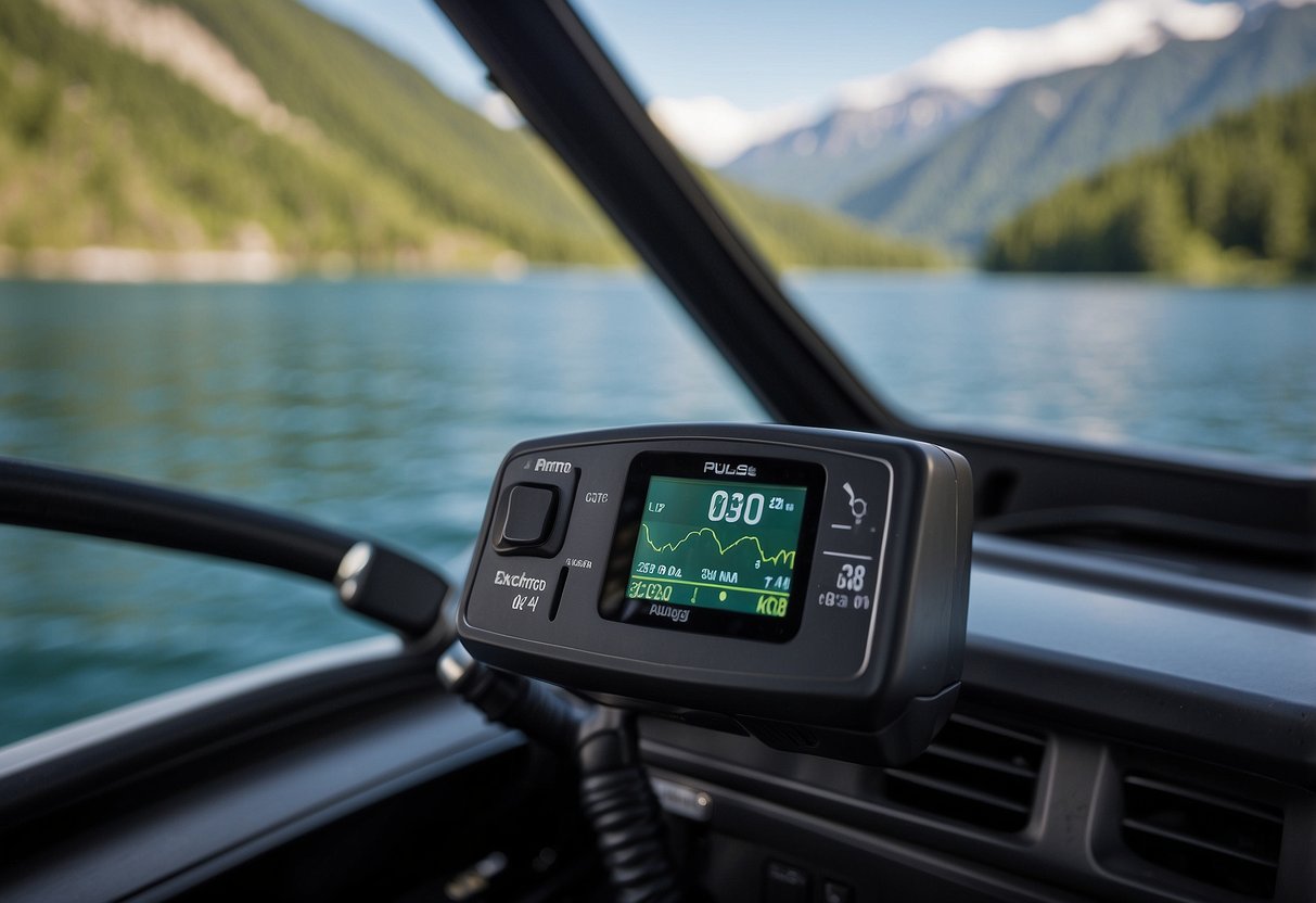 A pulse oximeter sits on a boat's dashboard. A serene lake surrounded by mountains in the background. The sun shines down, creating a peaceful atmosphere