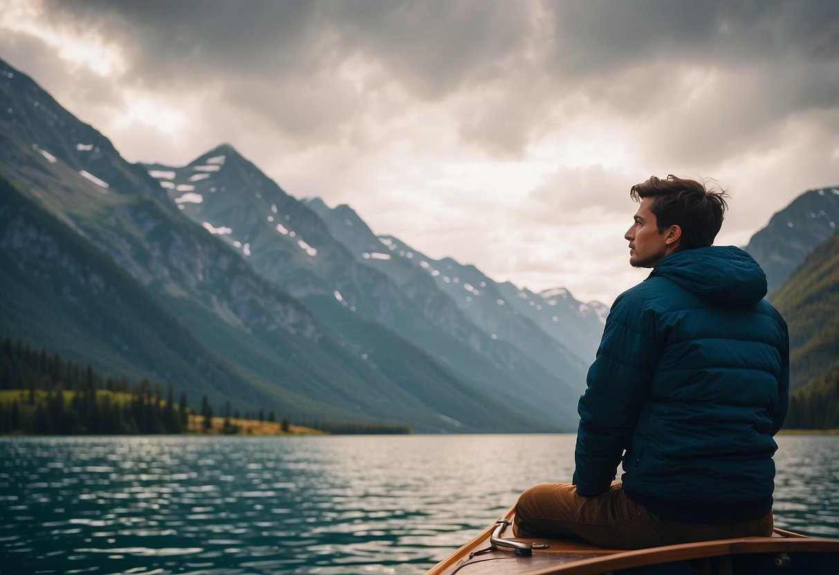 A person on a boat, surrounded by mountains, practicing deep breathing exercises to combat altitude sickness