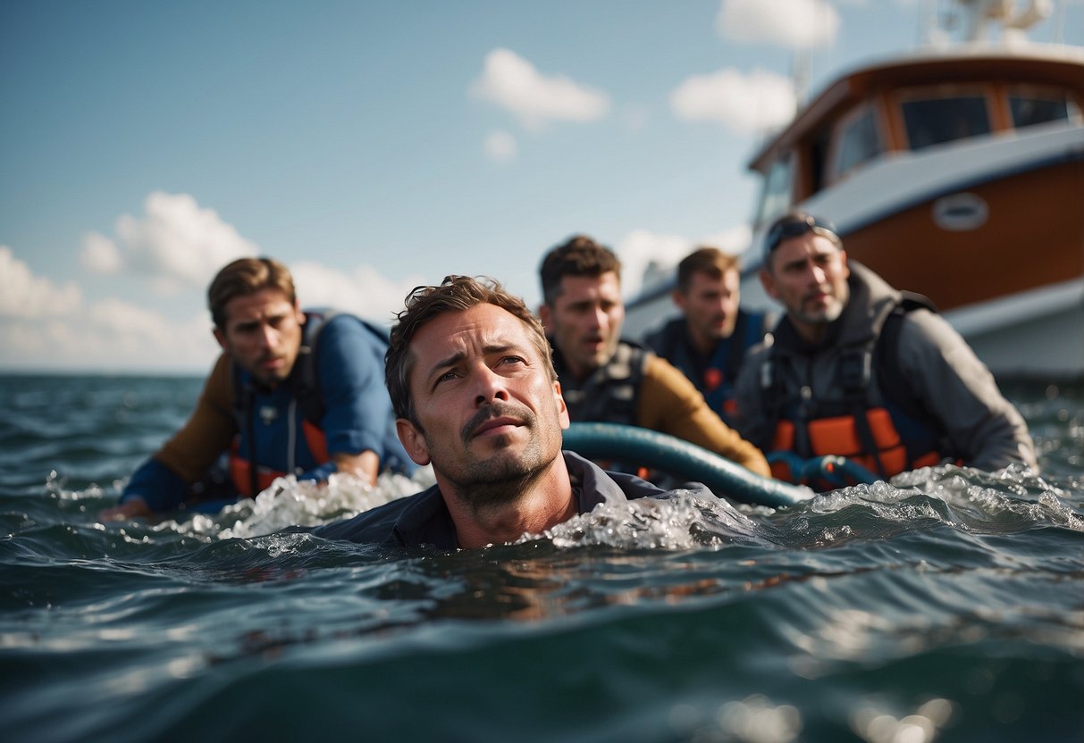 A boat floating on choppy waters, with a person holding their head and looking nauseous, surrounded by others offering water and support