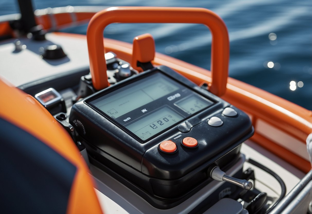 A boat equipped with life jackets, first aid kit, and emergency radio. Clear blue sky and calm waters. Elevation gauge showing altitude