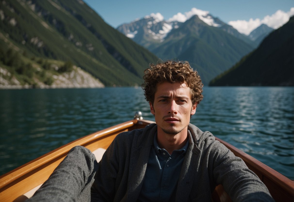 A person on a boat looks pale and dizzy, holding their head. Others offer water and sit them down. The boat is surrounded by mountains, indicating high altitude