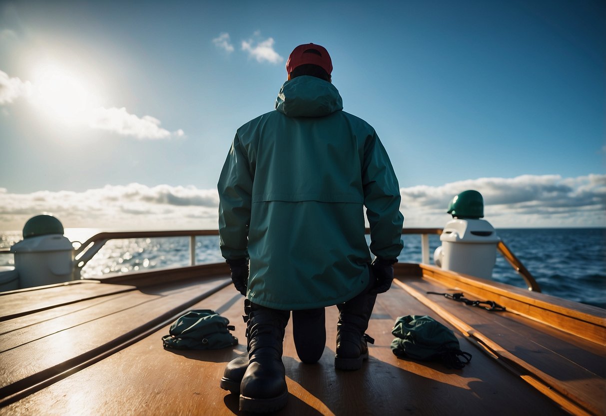 Bright sky, calm water, boat on horizon, rain gear laid out on deck, lightweight jackets, pants, hats, and boots