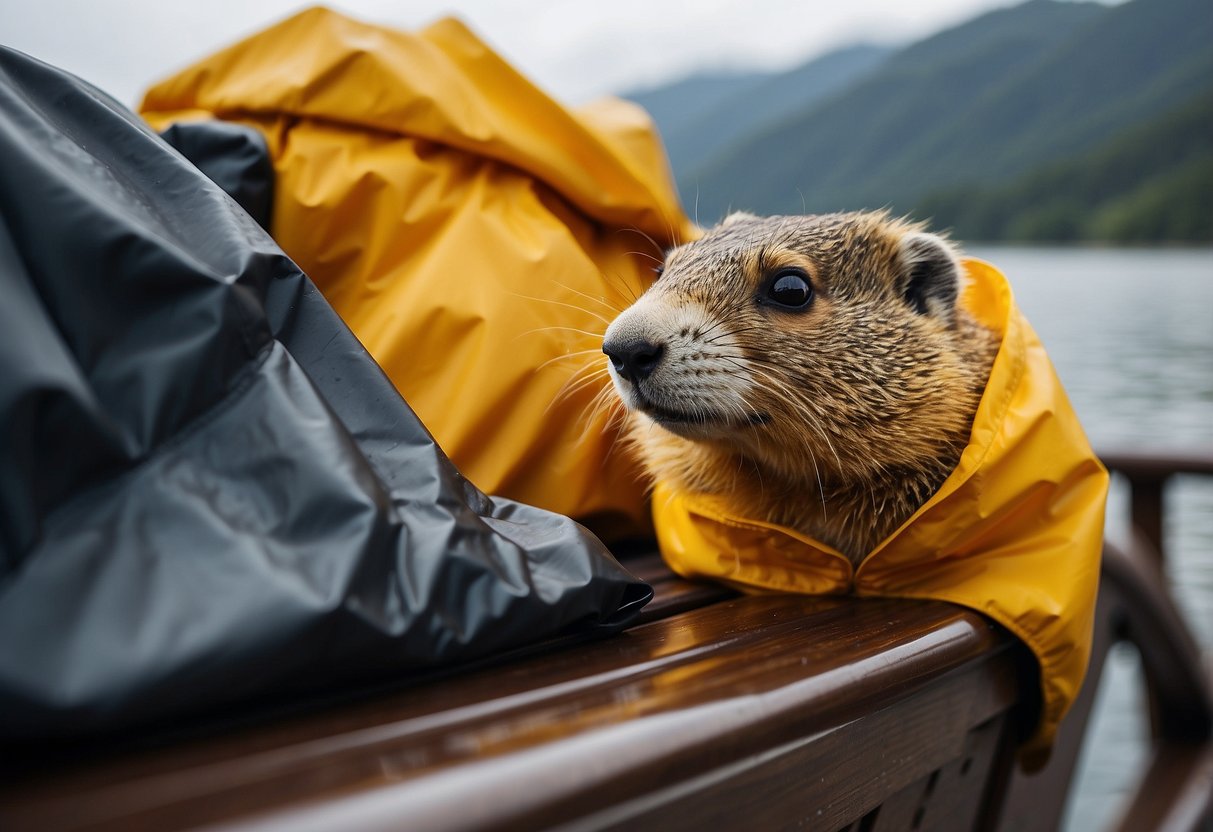 A bright yellow Marmot PreCip Eco Jacket hangs on a boat railing, surrounded by lightweight rain gear and a calm, sunny waterway