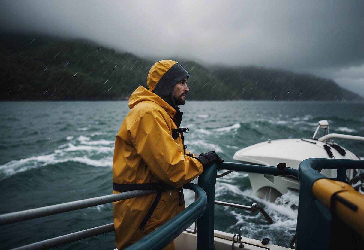 A boat on choppy waters, with rain pouring down. A person wearing lightweight rain gear stands confidently on deck, protected from the elements