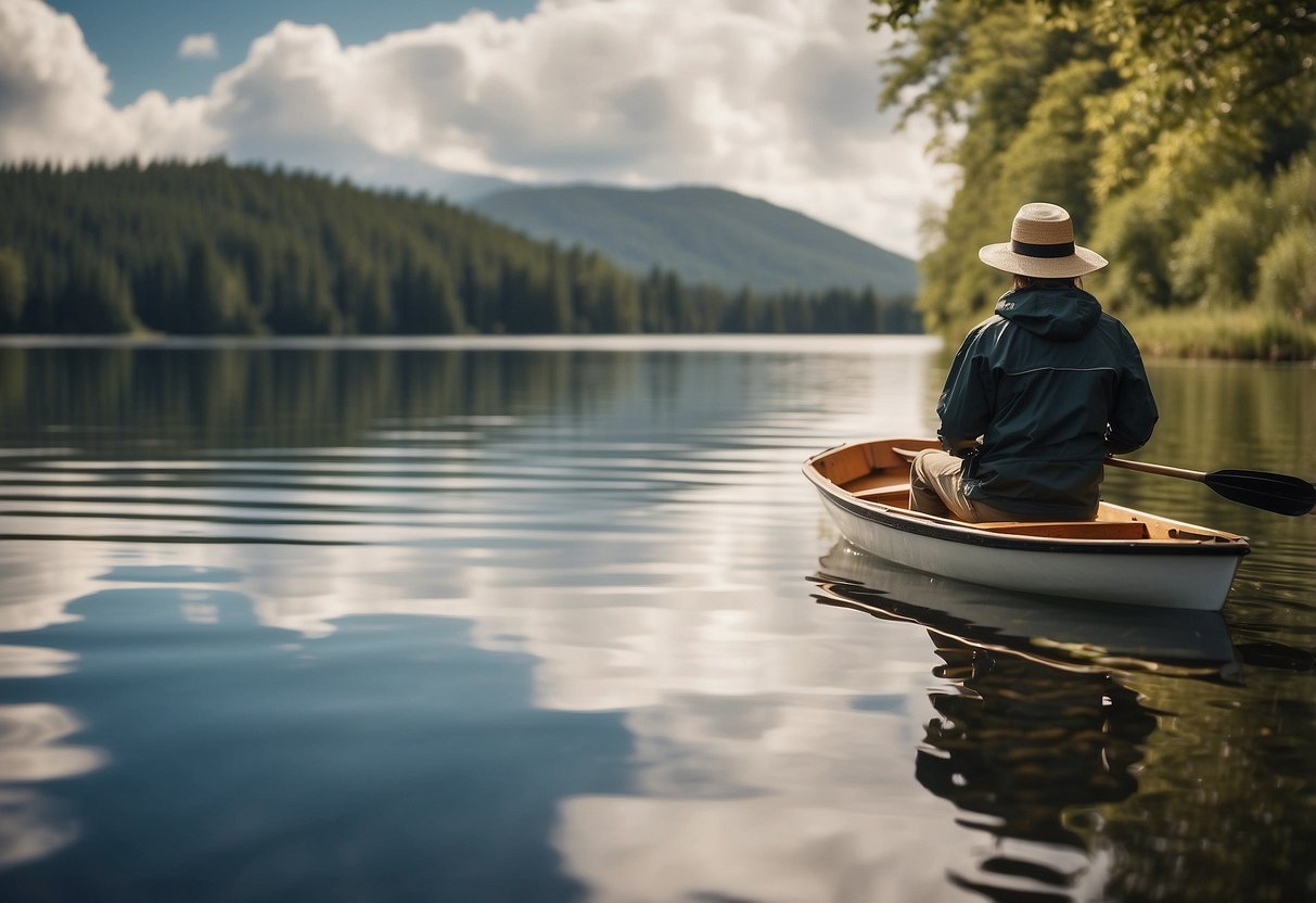 A sunny day on a calm lake, a boat glides across the water. The boater wears lightweight rain gear, with a waterproof jacket and pants, and a brimmed hat to shield from the rain