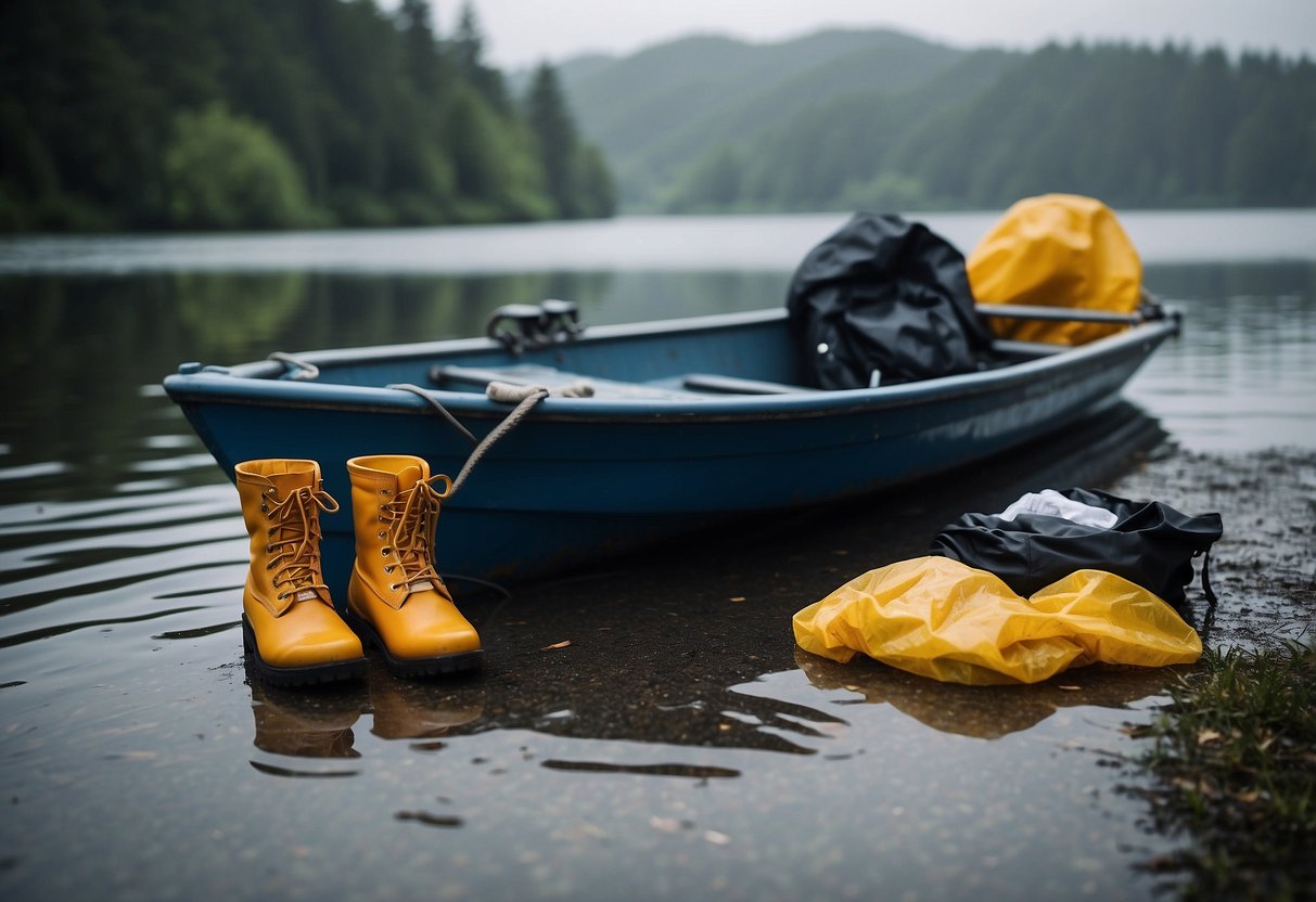 The scene features a boat on calm water with rain gear items laid out. The gear includes a lightweight rain jacket, pants, boots, and a waterproof bag. The sky is overcast with light rain falling