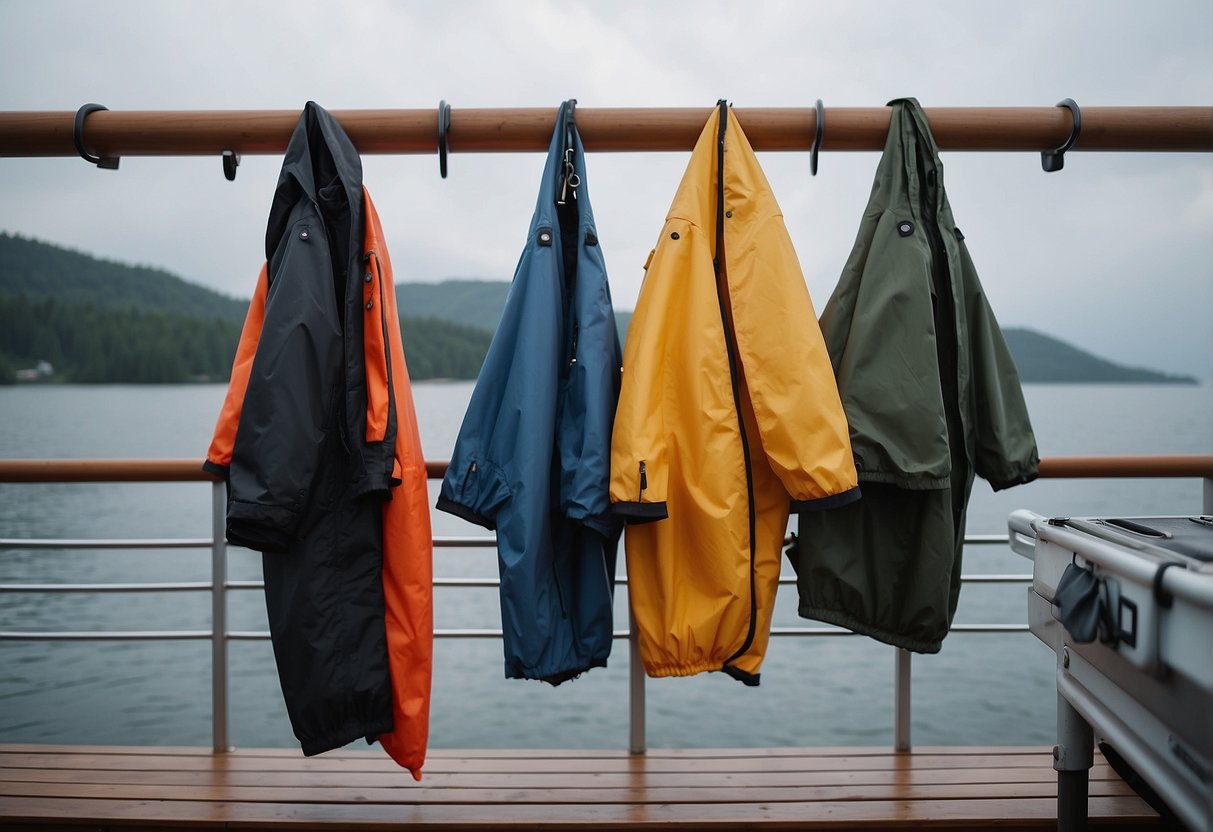 Rain gear hanging on hooks, neatly organized. A boat in the background. Clear skies above