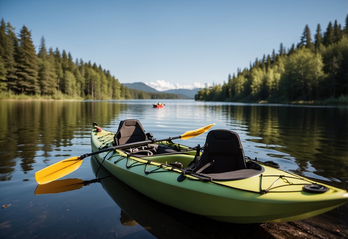 A sunny day on a tranquil lake, with a sleek kayak loaded with 10 lightweight boating packs, ready for a day of adventure on the water