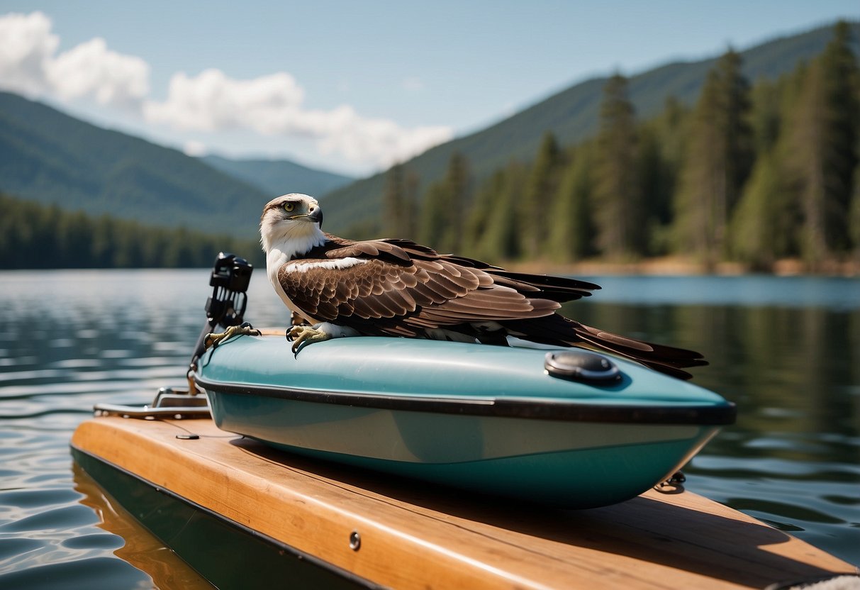 A bright, sunny day on a calm lake, with a sleek Osprey Daylite Plus pack resting on the deck of a small boat, ready for a day of adventure