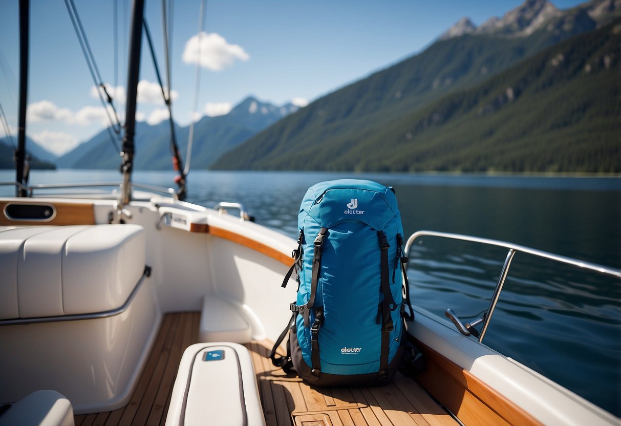 A bright blue Deuter Speed Lite 20 pack sits on the edge of a sleek boat, ready for adventure. The lightweight design and durable straps make it the perfect choice for any boating excursion