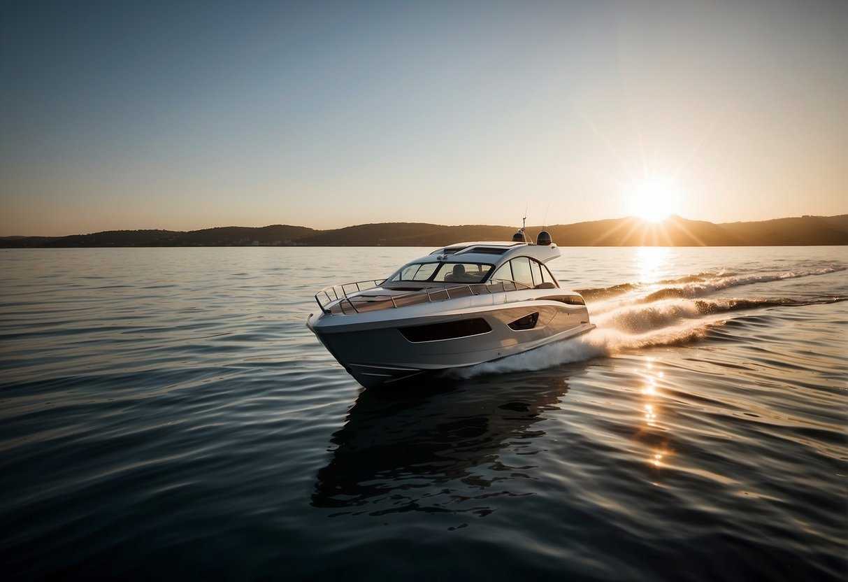 A sleek, modern boat glides effortlessly through calm waters, its lightweight pack neatly stowed on board. The sun glistens off the water, casting a warm glow on the scene