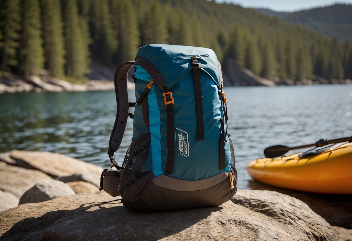 The REI Co-op Flash 18 pack sits on a rocky shore, next to a kayak and paddle. The sun shines on the lightweight, durable material, and the pack's bright colors stand out against the natural backdrop