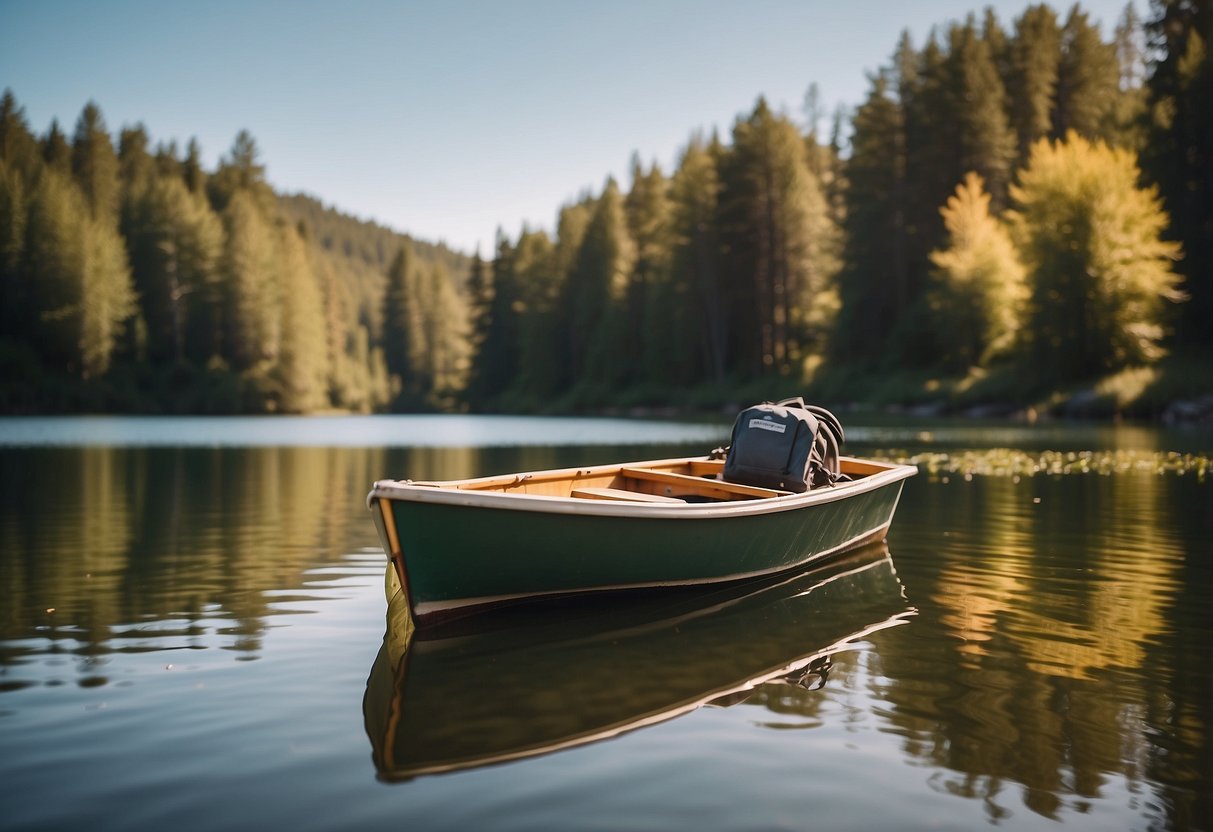 A bright, sunny day on a calm lake, with a small boat floating peacefully. A lightweight boating pack sits on the dock, equipped with multiple pockets and sturdy straps