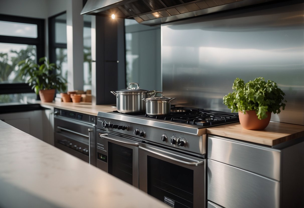 A boat kitchen with pots, pans, and utensils secured in place. A stove with safety features, non-slip flooring, and ample counter space. Windows for ventilation and natural light