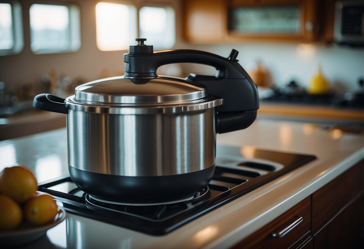 A pressure cooker sits on a boat's galley counter. Steam escapes from the valve as the cooker hisses and bubbles with the promise of a delicious meal