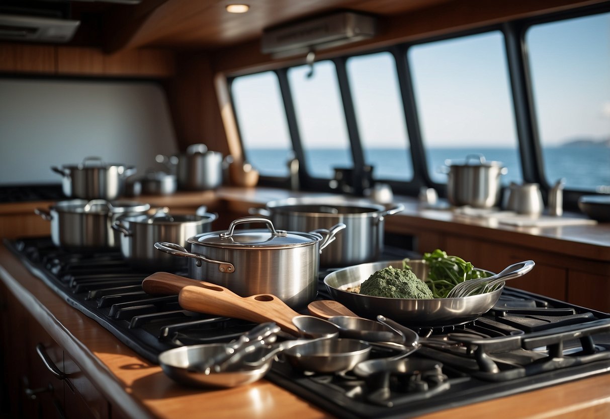 All cooking utensils neatly stored on boat counter, secured with non-slip grips. Pots, pans, and knives arranged for easy access