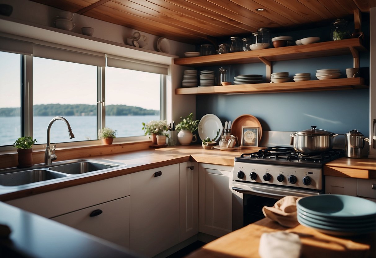 A boat kitchen with easy-to-clean dishes neatly organized on shelves and countertops, surrounded by nautical decor and a view of the water