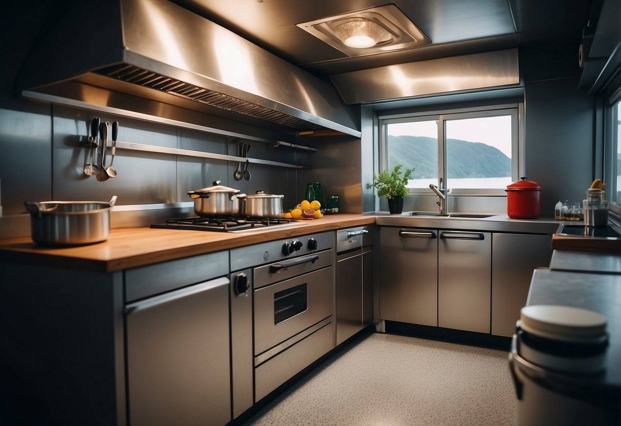 A boat kitchen with non-slip flooring, secure pot handles, fire extinguisher, proper ventilation, secure storage, and a stable cooking surface