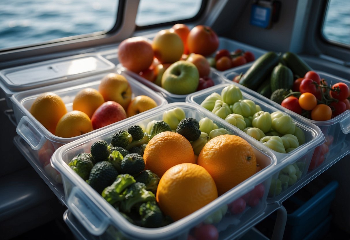 Food items neatly organized in airtight containers and secured in a designated storage area on a boat. Cooler with ice packs for perishables and a hanging net for fruits and vegetables