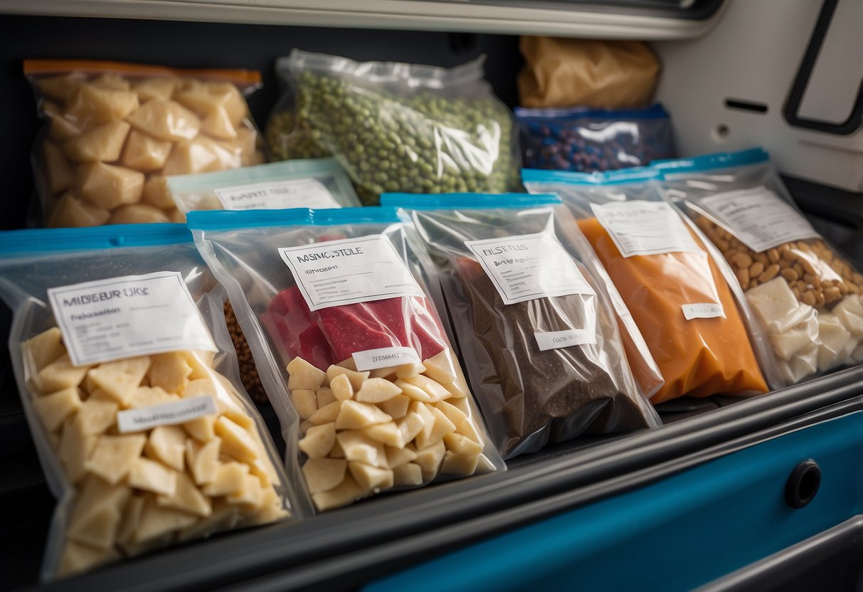 Various vacuum-sealed bags labeled with different types of food, neatly organized in a boat's storage compartment, surrounded by ice packs and non-perishable items