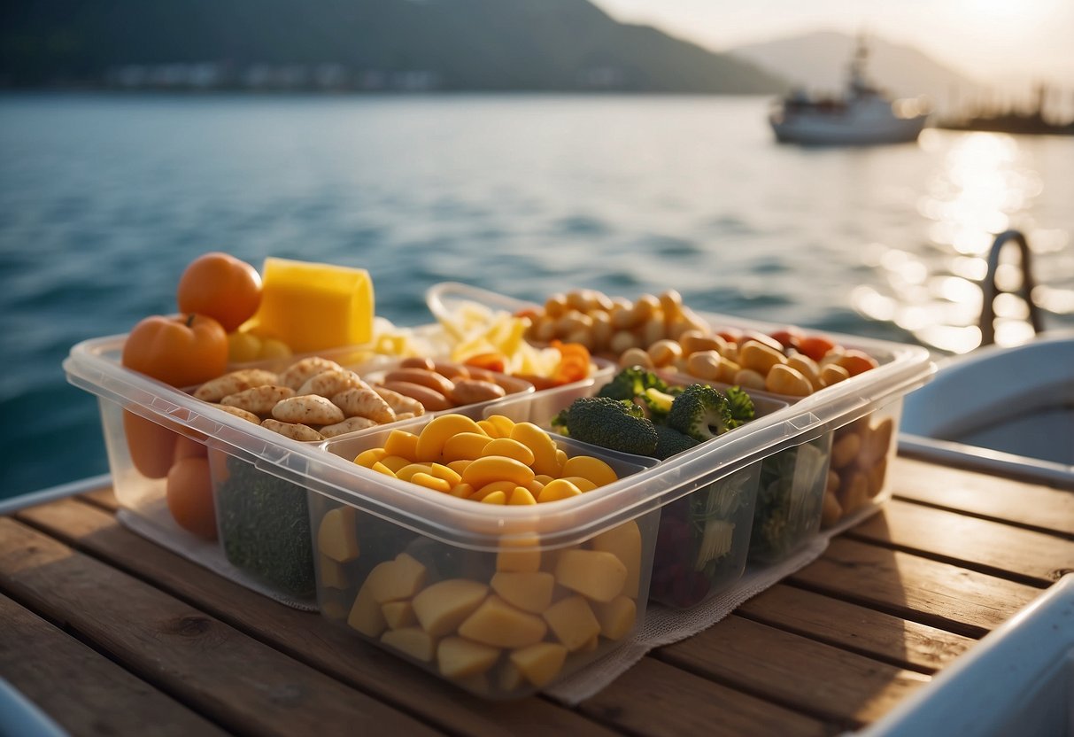 A boat deck with a variety of airtight containers secured in place, holding different types of food items, with the ocean in the background