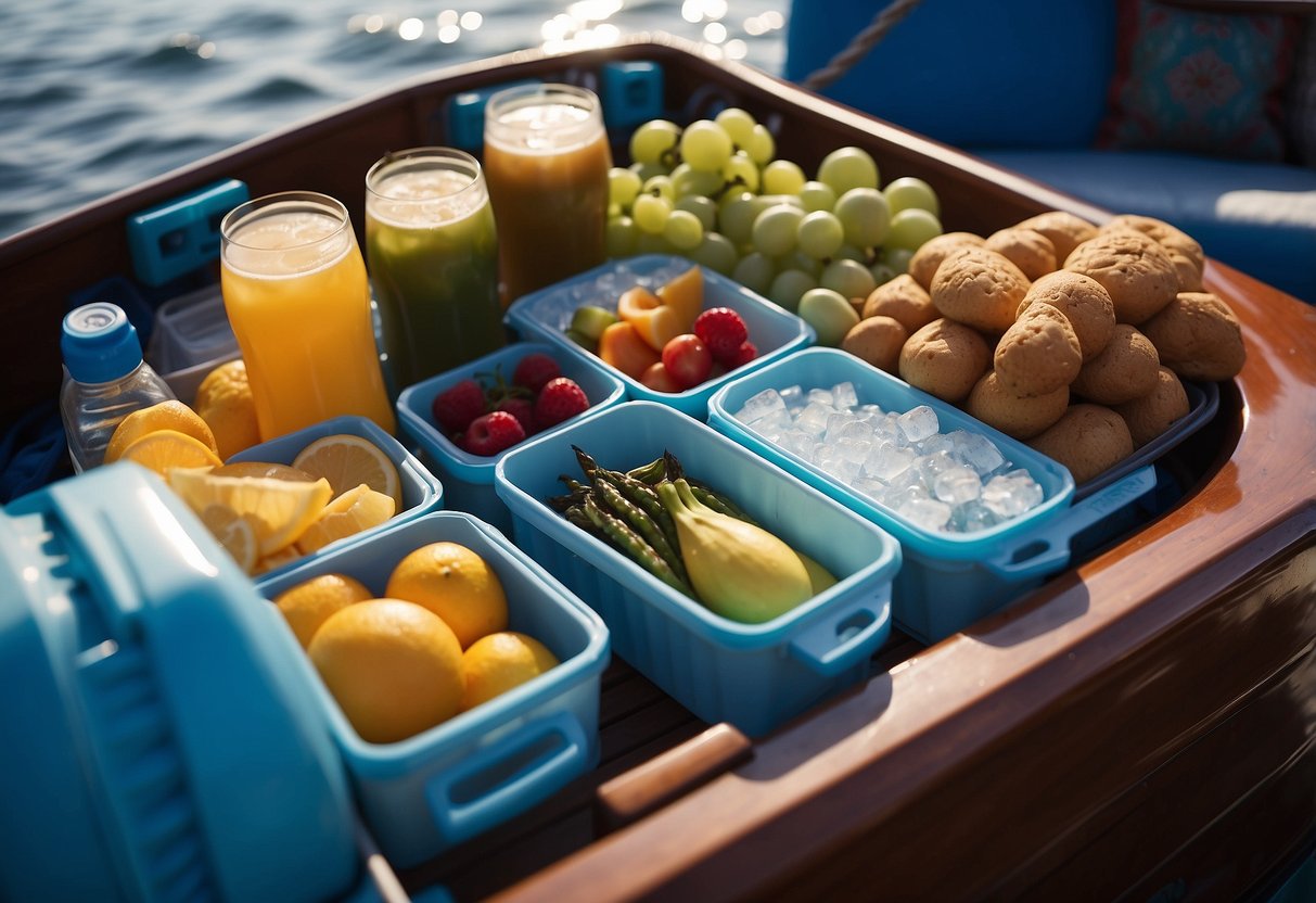 Coolers with ice packs arranged on a boat deck, surrounded by various types of food and drinks