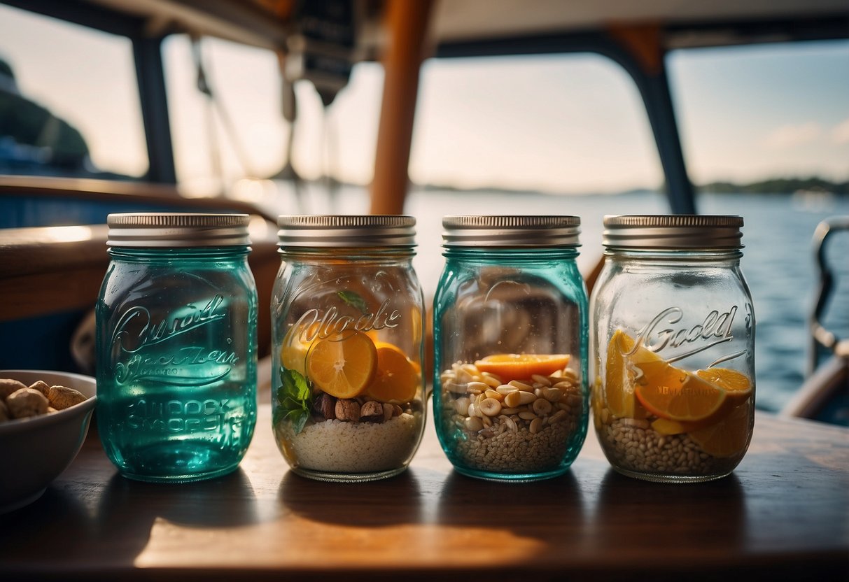 Five mason jars with air-tight lids arranged on a boat, filled with various types of food, surrounded by nautical-themed decor and equipment