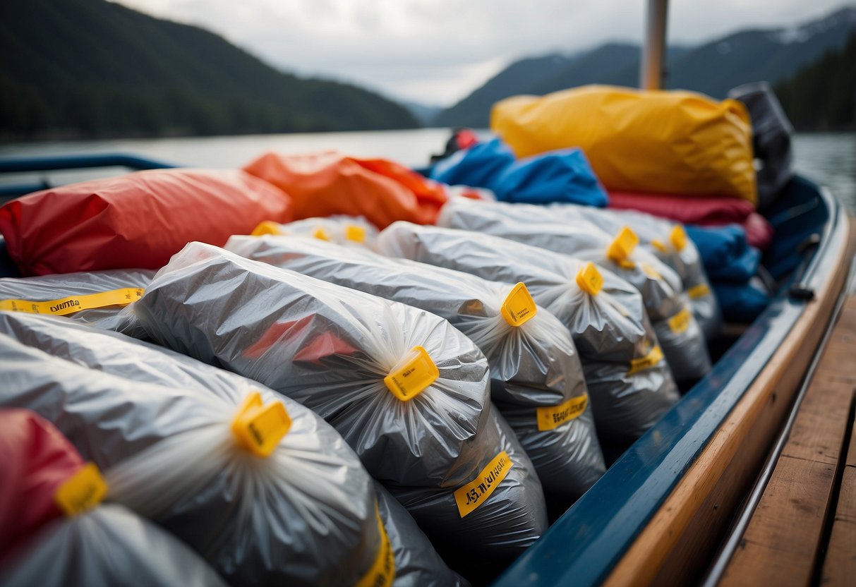 Dry bags are neatly organized on a boat, filled with non-perishable food items. The bags are securely fastened and stored in a dry and accessible location