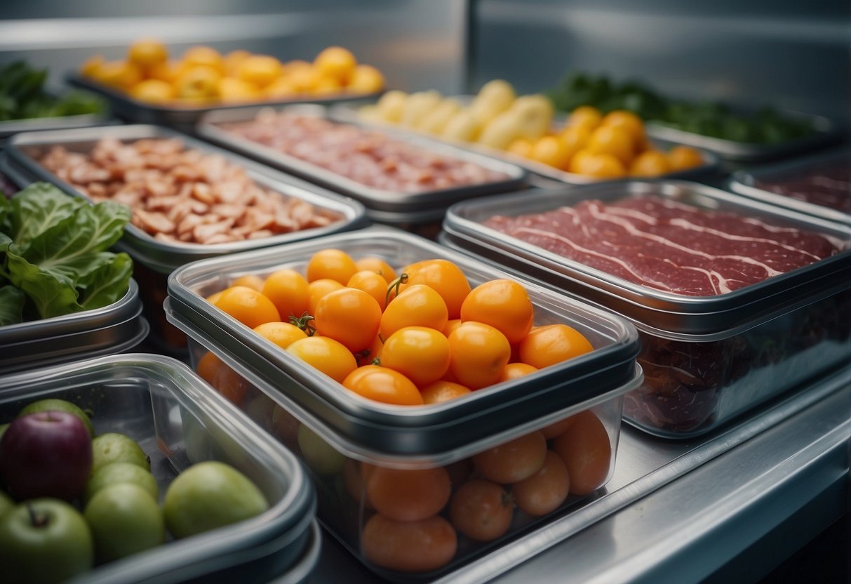 Fresh produce stored in airtight containers. Raw meat kept separate and well-wrapped. Canned goods secured in a dry, cool location. Refrigerated items in a properly functioning cooler. Dry goods stored in sealed, waterproof containers