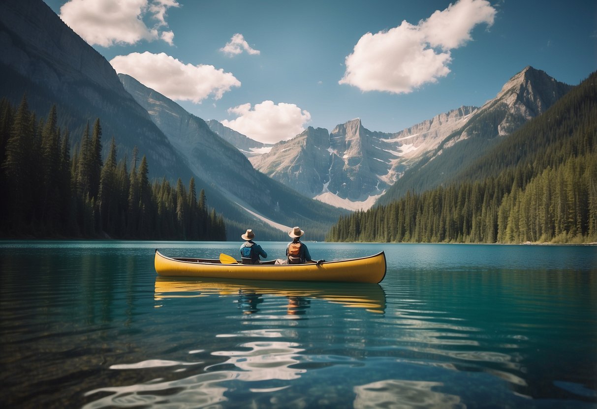 A serene lake surrounded by towering mountains, with a colorful canoe gliding through the calm waters, showcasing the beauty of Canada's scenic boating routes