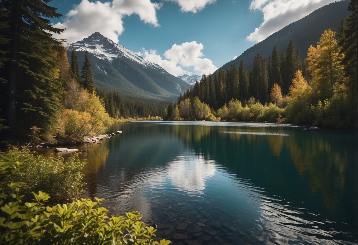 A serene river winds through lush forests, with snow-capped mountains in the distance. A colorful canoe glides through the calm waters, surrounded by vibrant foliage and wildlife