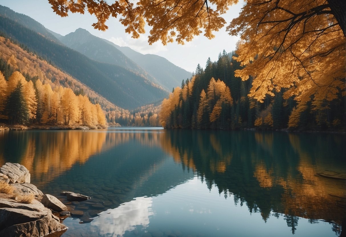 A serene lake surrounded by colorful autumn trees, with a boat cruising along a winding river through majestic mountains and crystal-clear waters