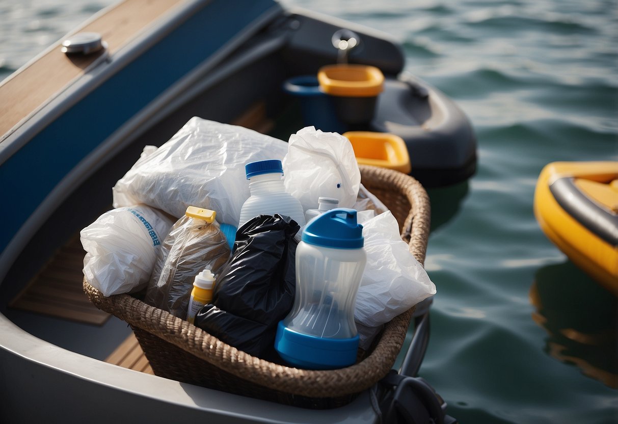 A person carries a small trash bag on a boat, surrounded by clean and organized boating supplies