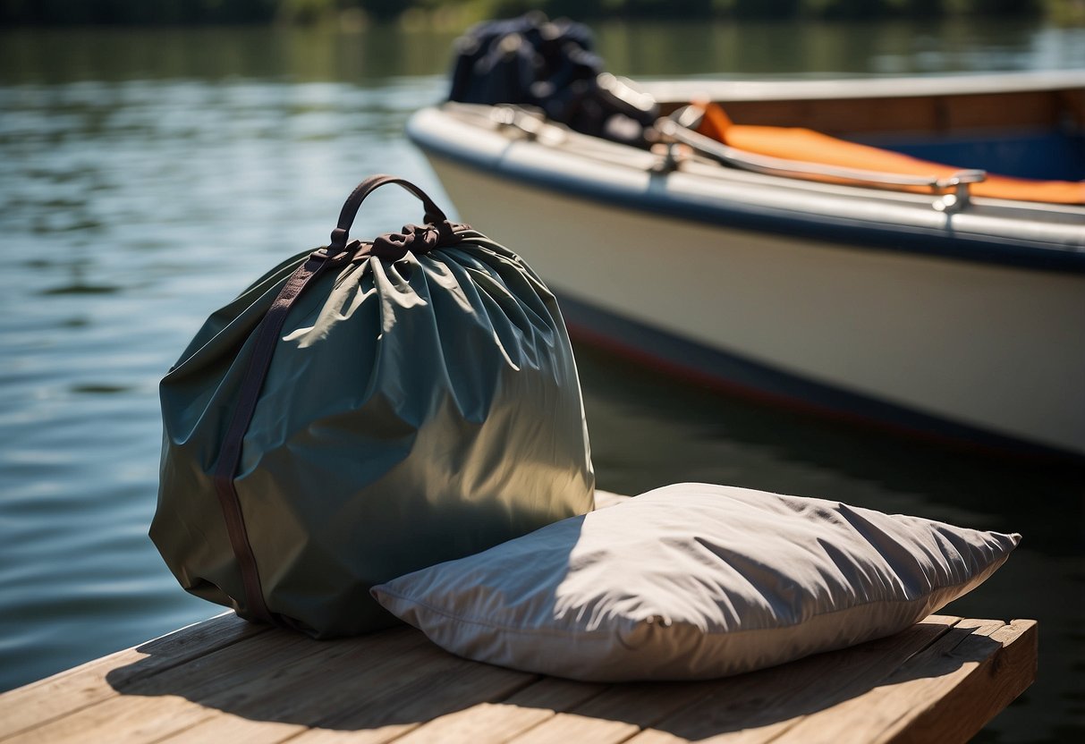 A dry bag sits on a boat deck, filled with neatly folded clothes. The sun shines down on the water, creating a peaceful scene