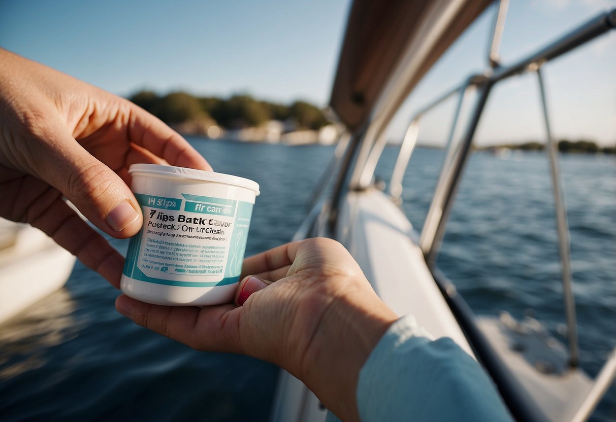 A hand reaches for disinfectant wipes near a boat, with a list of "7 Tips for Staying Clean on Boating Trips" next to it