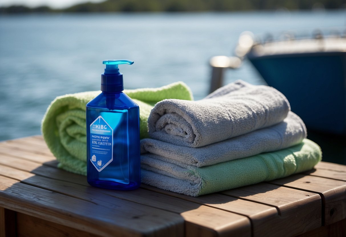 A pile of quick-dry towels neatly stacked on a boat deck, alongside a bottle of hand sanitizer and a small trash bin