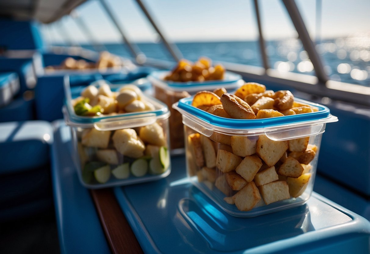 Food stored in sealed containers on a boat, with waves in the background and a clear blue sky overhead