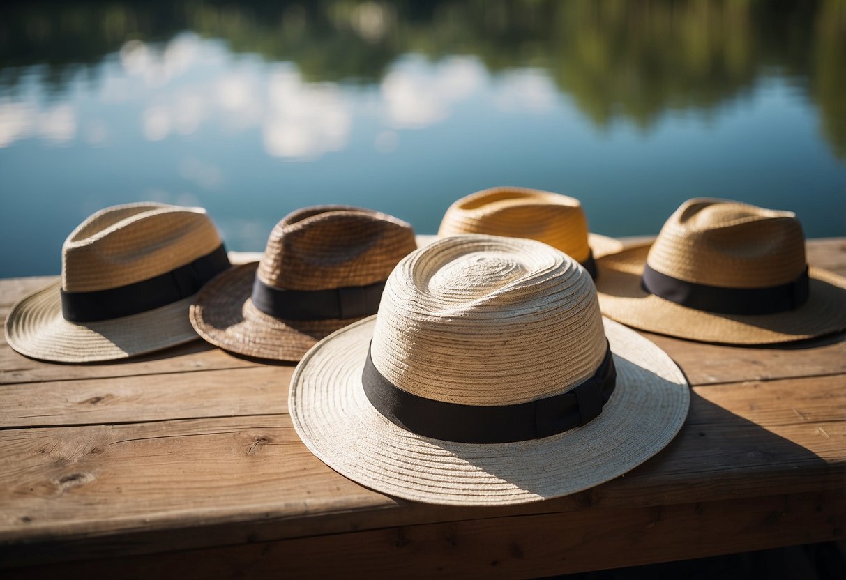 A sunny day on a calm lake with 5 different lightweight boating hats on a table, each designed for sun protection