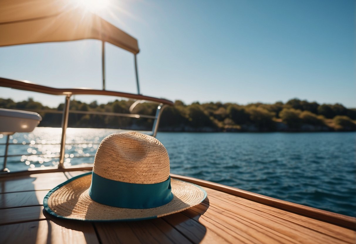 A sunny day on a boat, with a Sombriolet Sun Hat casting a shadow over the deck. Blue skies and calm waters surround the scene