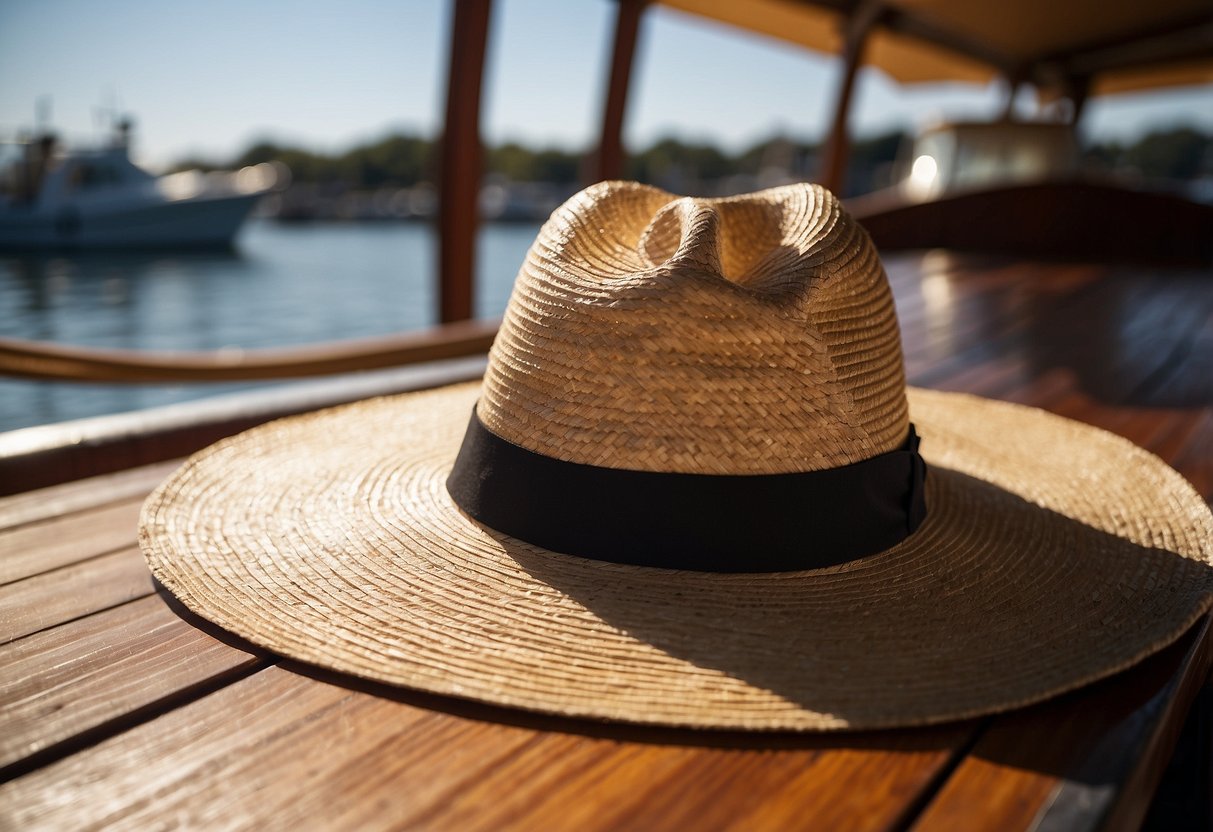 A wide brim straw hat rests on a boat deck, with the sun shining down. The hat provides shade and protection from the sun's rays