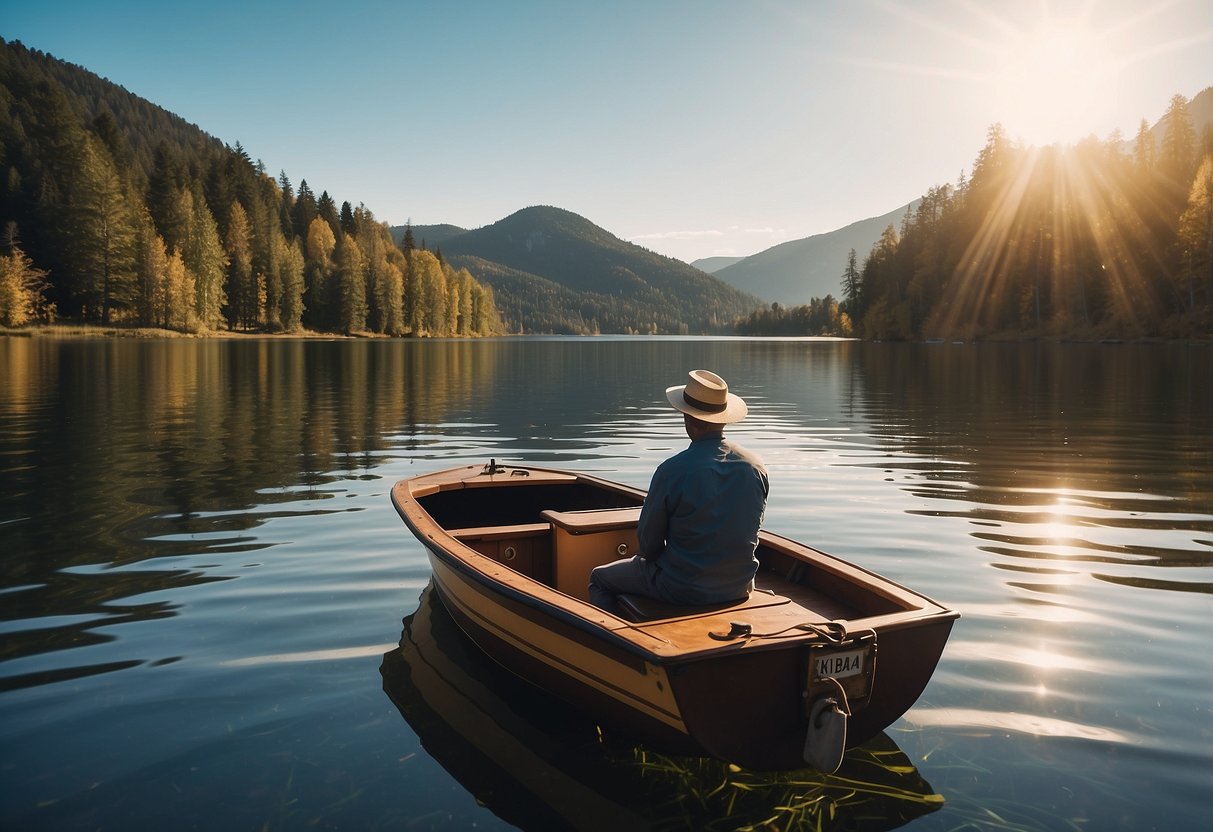 A sunny day on a calm lake, with a boat gliding across the water. The captain wears a lightweight hat, shielding from the sun's rays