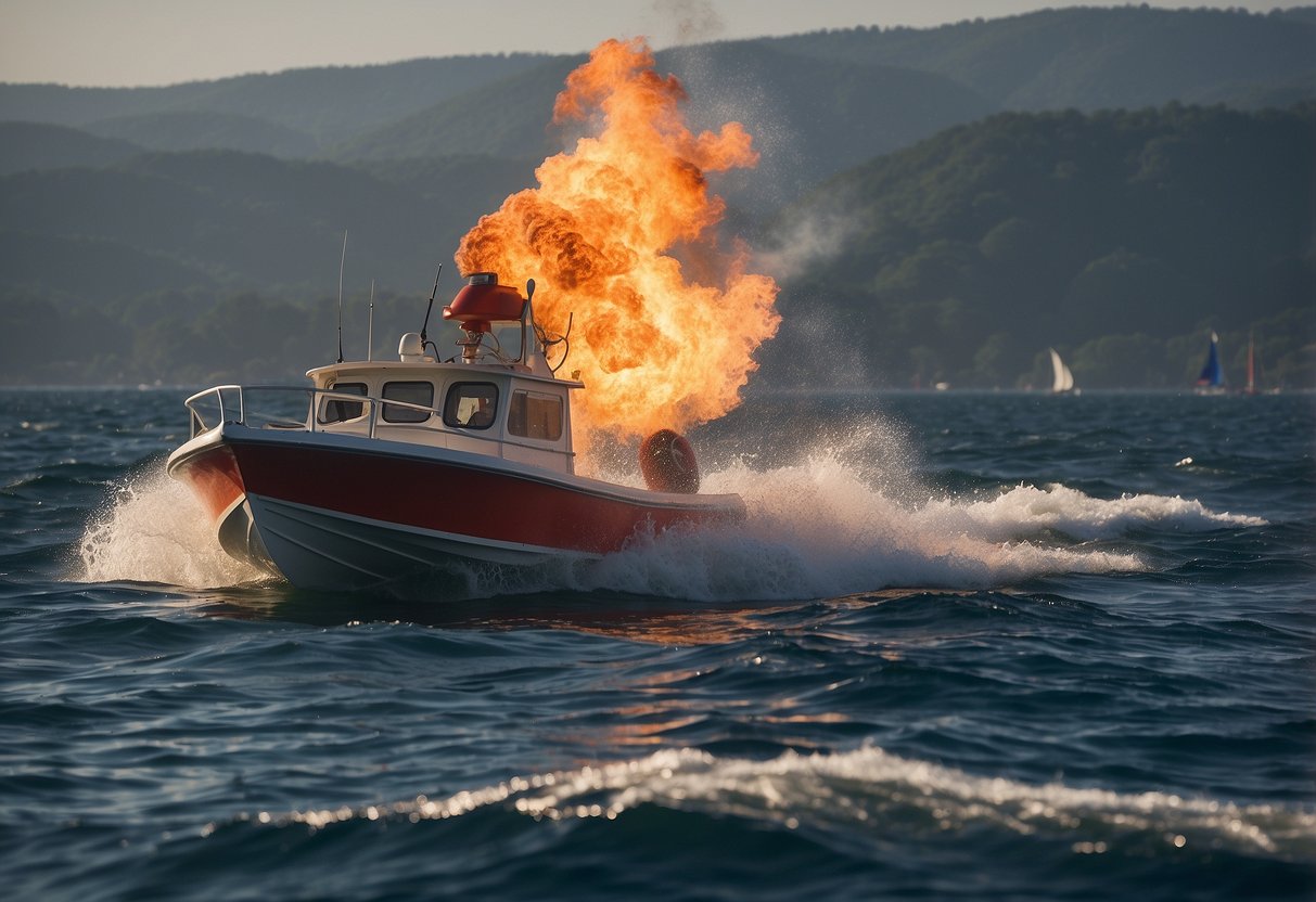 A boat on choppy water, with a person throwing a lifebuoy, another using a fire extinguisher, and a third signaling for help with a flare