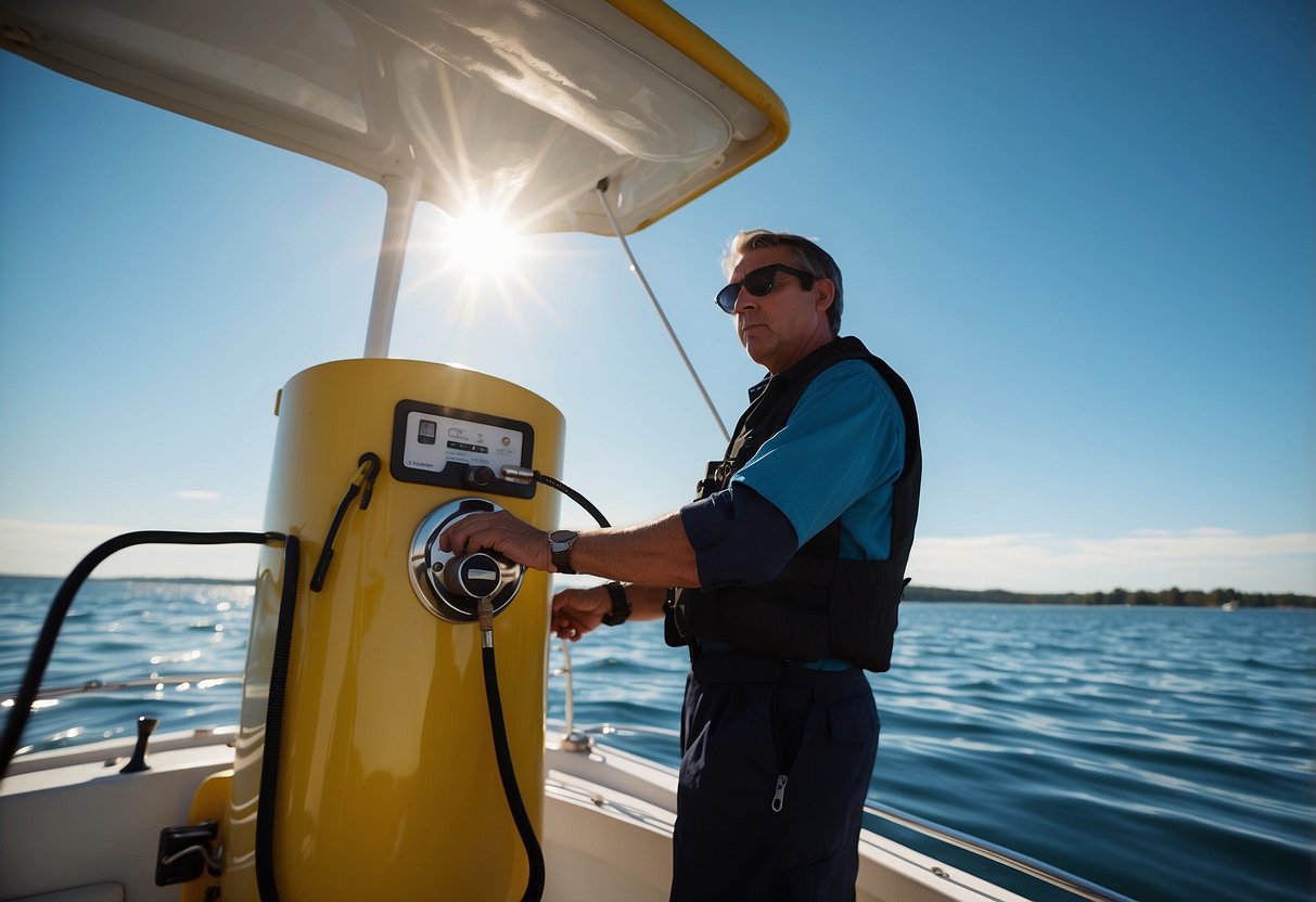 A boat captain adds extra fuel to the tank on a sunny day. The boat is surrounded by calm waters, with a clear blue sky overhead