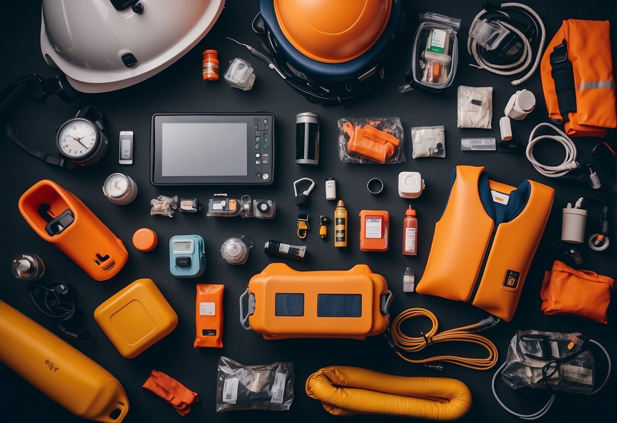 A boat surrounded by various emergency equipment and safety devices, such as life jackets, flares, a first aid kit, and a communication device