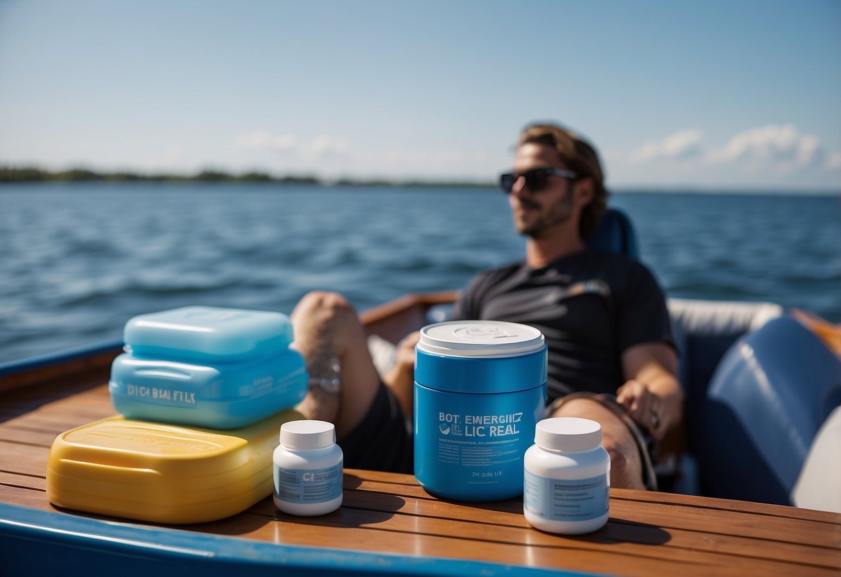 A person sitting on a boat with a cooler filled with ice packs, a foam roller, and a bottle of pain relief cream. In the background, the serene water and a clear blue sky