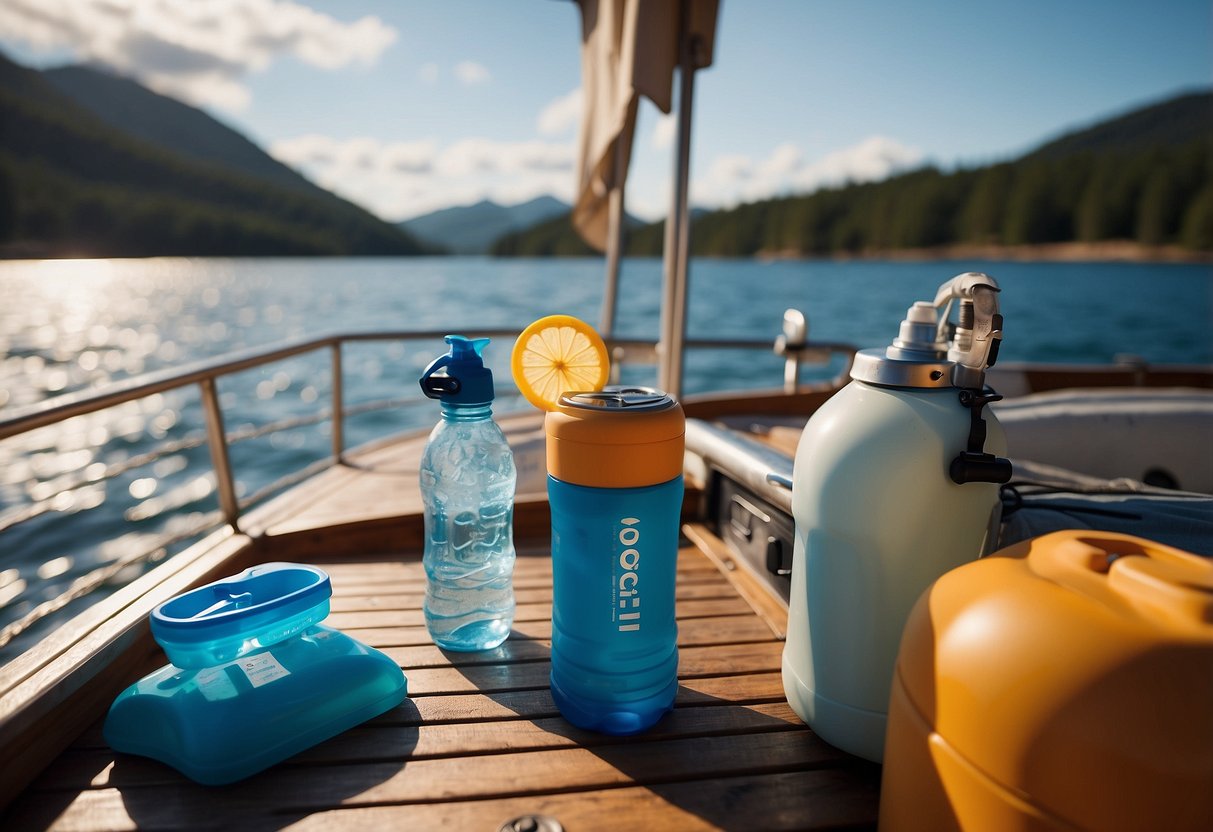 A person on a boat, sipping water from a reusable bottle. A cooler with ice and more water bottles nearby. A map and sunscreen on the deck