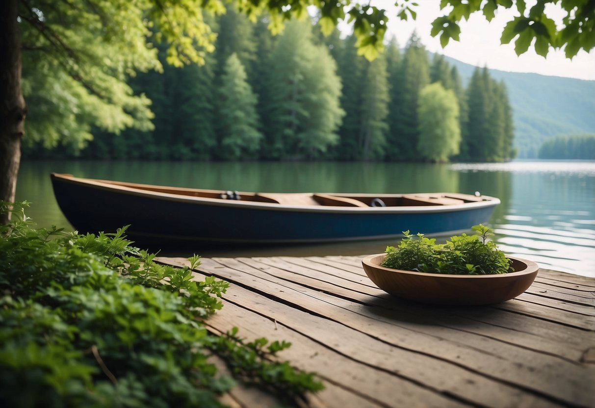 A serene lake surrounded by lush greenery, with a boat docked nearby. A yoga mat laid out on the shore, with gentle yoga poses being performed