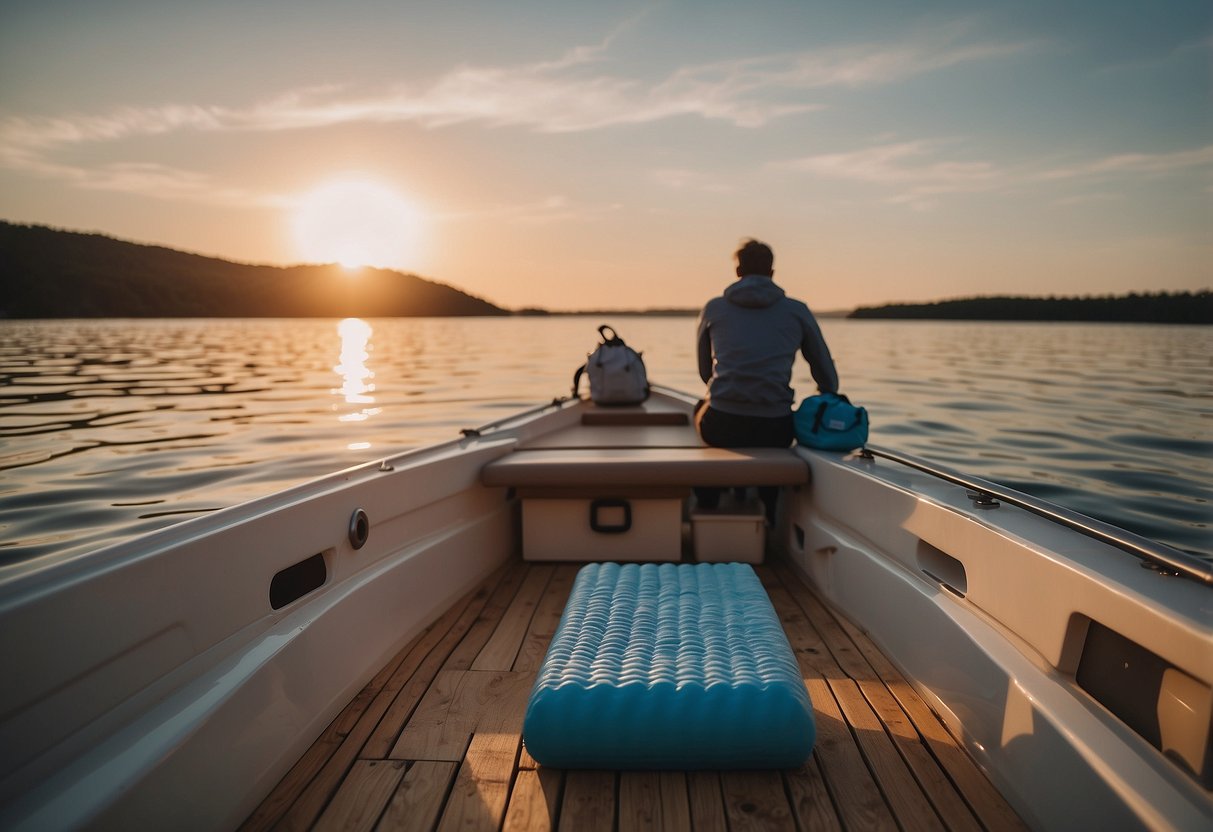 A boating trip with calm waters and a serene sunset. A person stretching on the deck with a foam roller nearby. A cooler with ice packs and a first aid kit visible