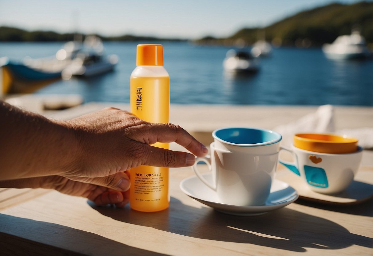 A person applying sunscreen to their muscles before a boating trip, stretching before and after, staying hydrated, using proper equipment, and taking breaks