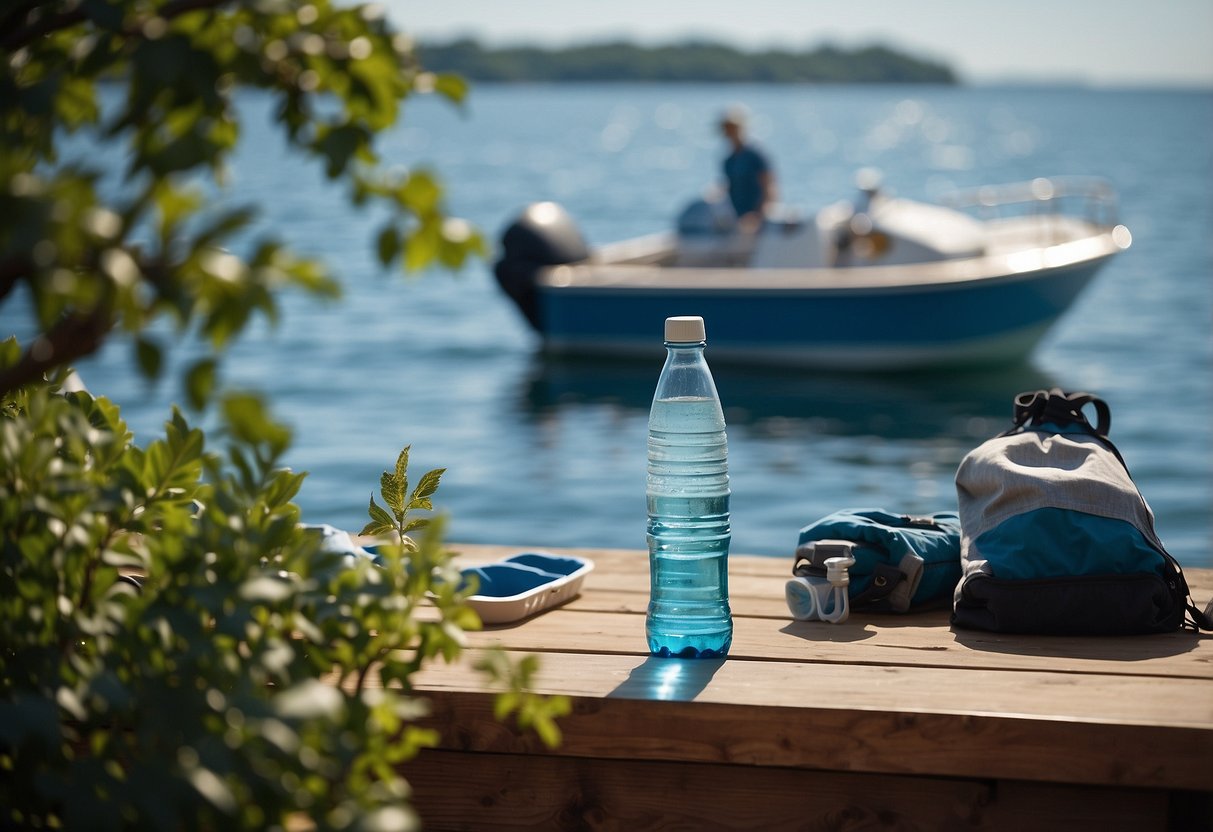 A boat docked on calm waters, with a person stretching on the deck. Nearby, a cooler holds ice packs and water bottles. In the distance, a serene shoreline offers a peaceful backdrop